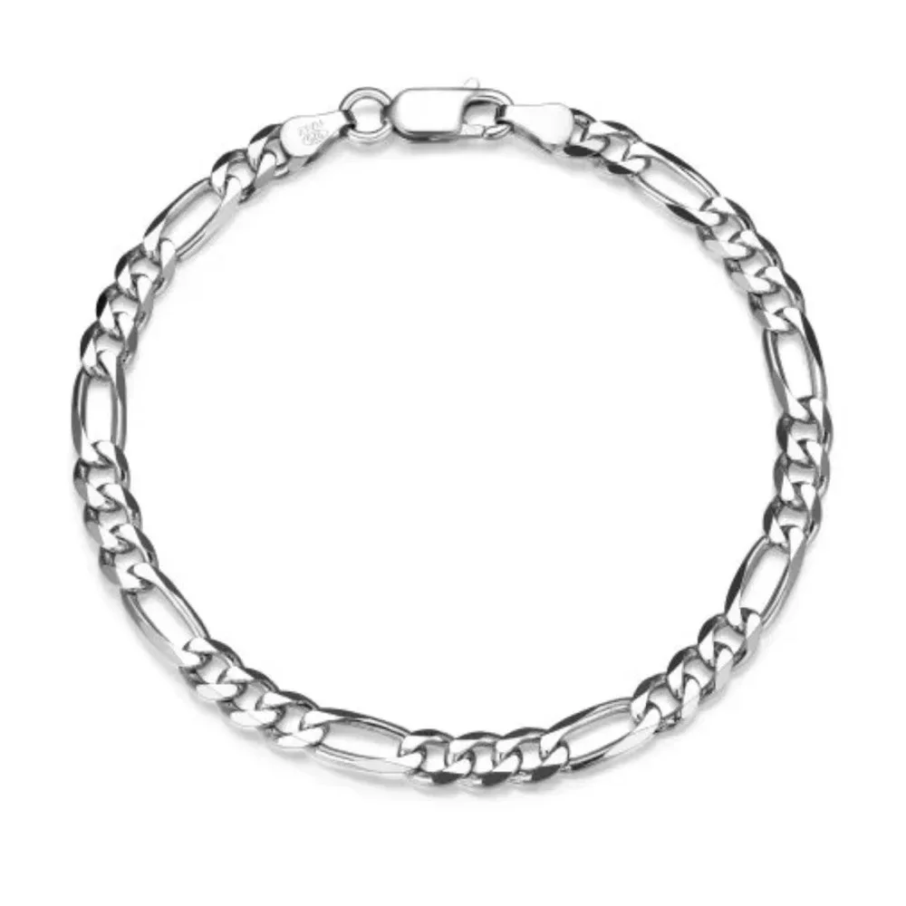 NEW Rhodium Plated 925 Sterling Silver‎ Figaro Chain Bracelet, 8”